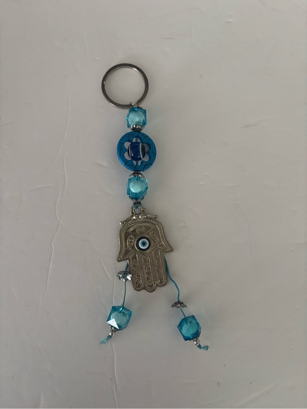 Hamsa Hand Key & Card Holder Charm with Blue Beads